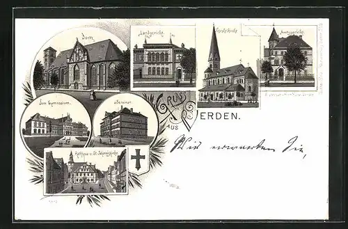Lithographie Verden, Rathaus und St. Johanniskirche, Seminar, Landgericht
