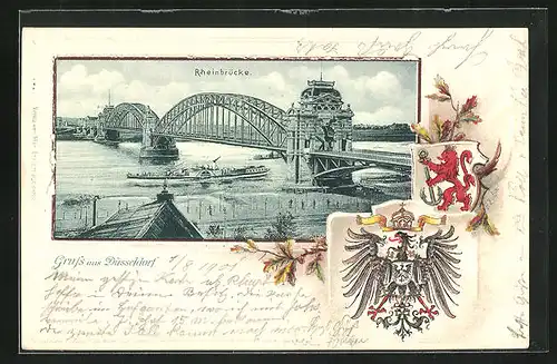 Passepartout-Lithographie Düsseldorf, Rheinbrücke und Wappen