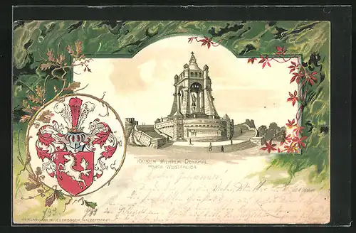 Passepartout-Lithographie Porta Westfalica, Kaiser Wilhelm Denkmal und Wappen