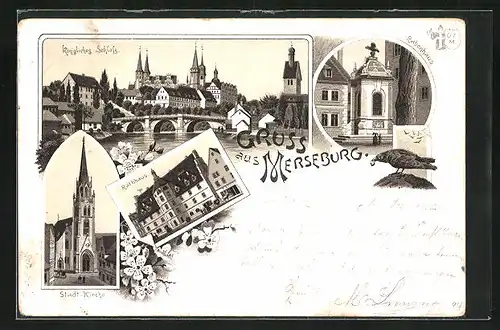 Vorläufer-Lithographie Merseburg, 1894, Königliches Schloss`, Rathaus, Stadt-Kirche