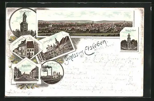 Lithographie Eisleben, Ernst Schacht, Luther-Denkmal, Marktplatz