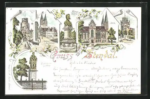Lithographie Stendal, Tangermünder Tor, Winkelmann Denkmal, Dom