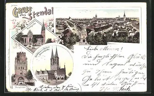 Lithographie Stendal, Denglinger Tor, Rathaus mit Roland Marienkirche, Domkirche