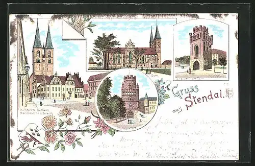 Lithographie Stendal, Tangermünder Tor, Dom, Ünglinger Tor