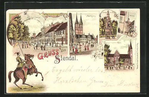 Lithographie Stendal, Dom, Alte Dorfstrasse, Marktplatz