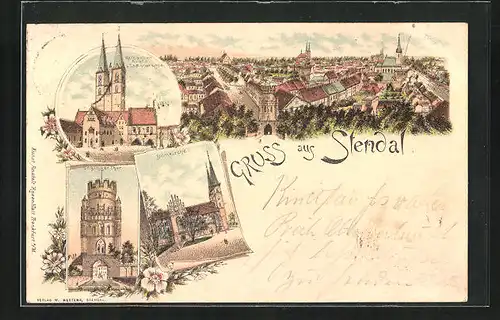 Lithographie Stendal, Rathaus mit Roland und St. Marienkirche, Ünglinger Tor, Domkirche