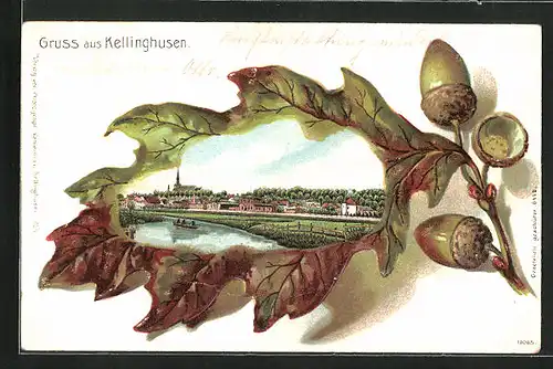 Passepartout-Lithographie Kellinghusen, Flusspartie mit Stadt, Eichenblatt