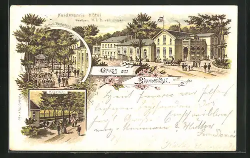 Lithographie Blumenthal, Heidmann`s Hotel v. H. L. B. van Ingen, Garten-Restaurant