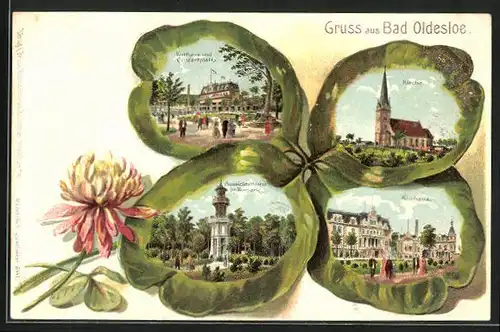 Passepartout-Lithographie Bad Oldesloe, Kurhaus und Konzertplatz, Kirche, Kleeblatt