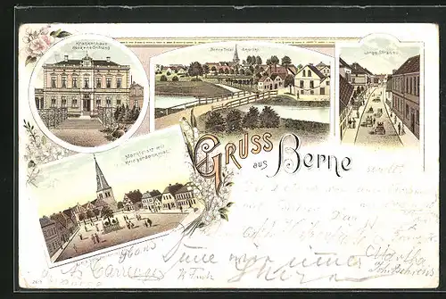 Lithographie Berne, Marktplatz mit Kriegerdenkmal, Lange Strasse, Krankenhaus Kückens-Stiftung