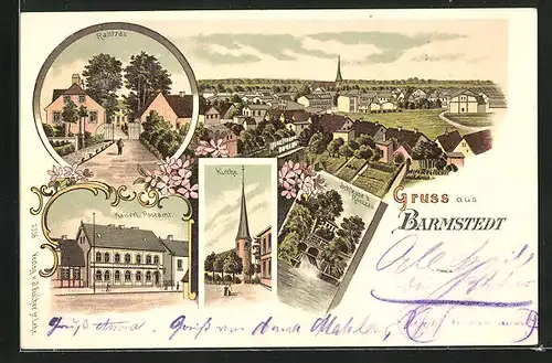 Lithographie Barmstedt, Kaiserl. Postamt, Schleuse b. Ranzau, Kirche