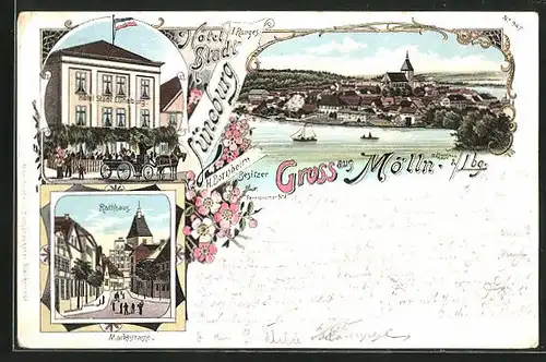 Lithographie Mölln i. Lbg., Hotel Stadt Lüneburg, Strassenpartie mit Rathausblick