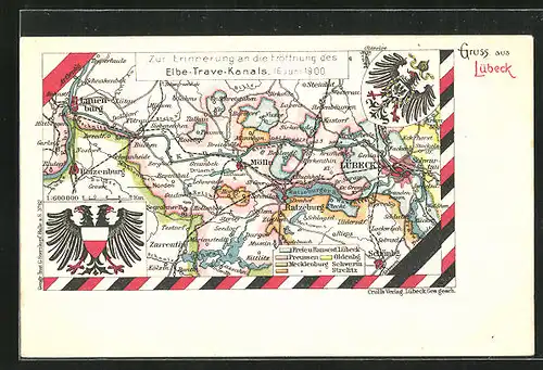 Lithographie Lübeck, Eröffnung des Elbe-Trave-Kanals am 16.6.1900, Landkarte