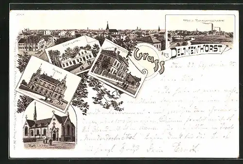 Vorläufer-Lithographie Delmenhorst, 1895, Gasthaus zum Thiergarten, Bürgerschule und Turnhalle