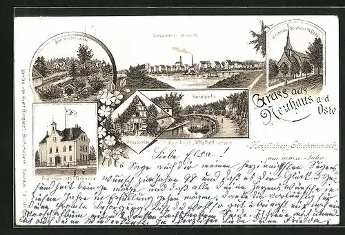 Lithographie Neuhaus a. d. Oste, Amtsgericht, Altes Schloss, Kanalpartie, Kirche