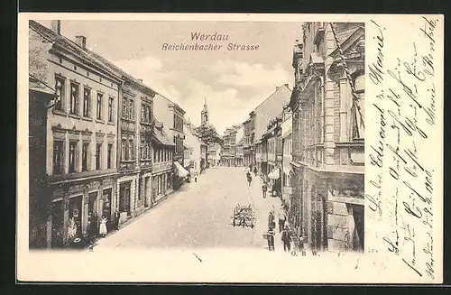 AK Werdau, Reichenbacher Strasse mit Blickrichtung Kirche