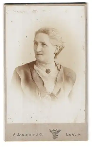 Fotografie A. Jandorf & Co., Berlin-C, Spittelmarkt 16-17, Portrait bürgerliche Dame in modischer Kleidung