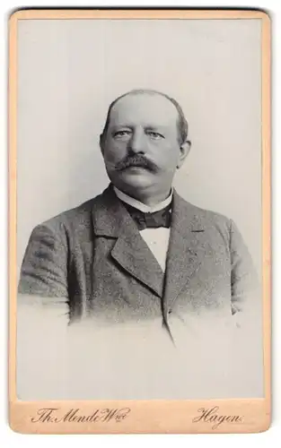 Fotografie Th. Mende Witwe, Hagen, Portrait bürgerlicher Herr im Anzug mit Schnurrbart