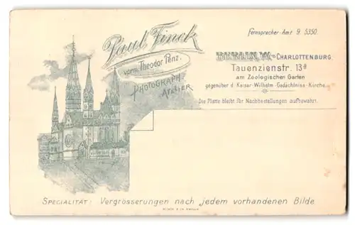 Fotografie Paul Finck, Berlin, Ansicht Berlin-Charlottenburg, Tauenzienstr. 13 a gegenüber der Gedächtniss-Kirche