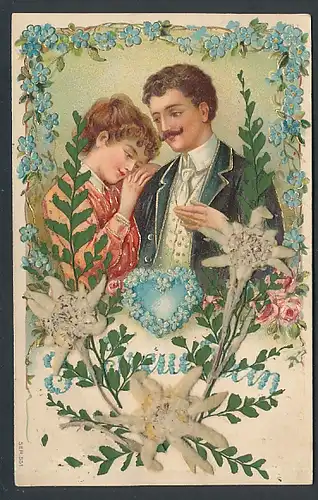 Trockenblumen-AK Junges Paar umgeben von Blüten aus Trockenblumen