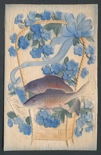 Präge-Airbrush-AK Zwei Fische umgeben von Blumen in einem Präsentkorb - Airbrush