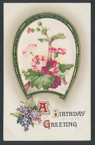 Seiden-AK Schöne Blumen von Hufeisenform umrandet - A Birthday Greeting - Geburtstag
