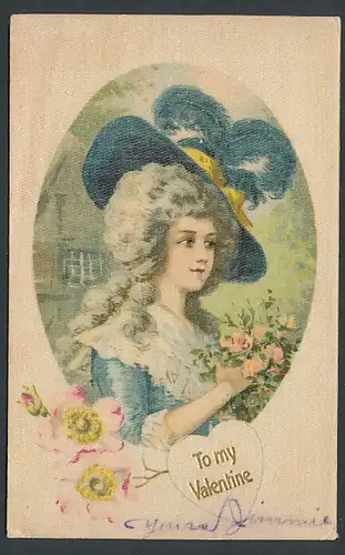 Seiden-AK Schöne Frau mit grossem Hut umgeben von Blumen - To my Valentine / Valentinstag