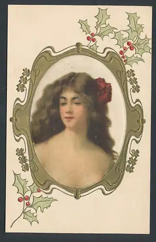 Seiden-AK Schöne Frau mit voluminösem Haar umgeben von Stechpalmen