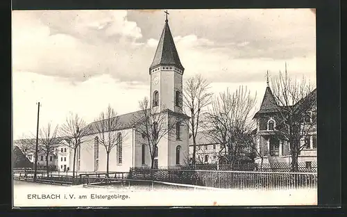 AK Erlbach i. V., am Elstergebirge, Blick zur Kirche