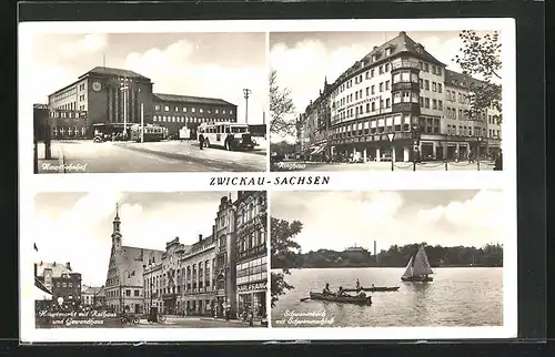 AK Zwickau-Sachsen, Rathaus und Gewandhaus mit Geschäft am Hauptmarkt, Ringhaus mit Lebensversicherung, Hauptbahnhof