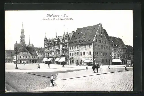 AK Zwickau i. Sa., Hauptmarkt mit Geschäft, Löwen-Apotheke und Marienkirche