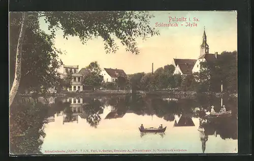 AK Pulsnitz i. Sa., Schlossteich gegen Kirche