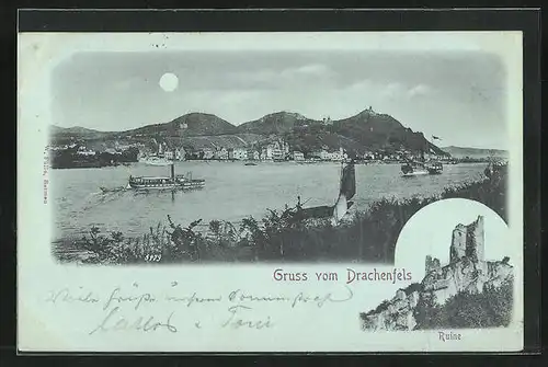 Mondschein-AK Drachenfels, Blick auf die Stadt unterhalb mit Ruine