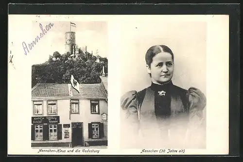 AK Godesberg, Gasthaus Aennchen-Haus und die Godesburg, Portrait von 30 jährigem Aennchen