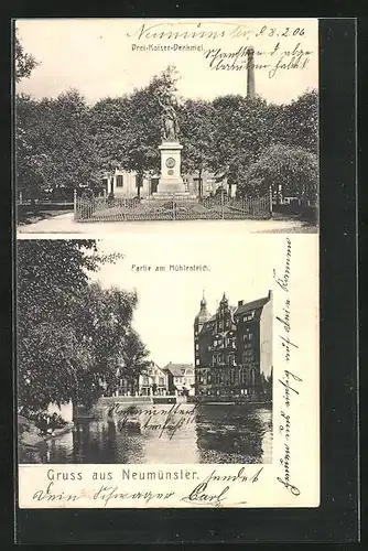 AK Neumünster, Partie am Mühlenteich, Drei-Kaiser-Denkmal