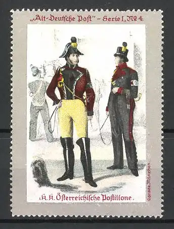 Reklamemarke Serie 1 Alt-Deutsche Post, Bild 4, Briefträger der K. k. Österr. Postillone, Postboten in Uniformen