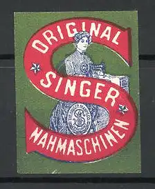 Reklamemarke Original Singer Nähmaschinen, Schneiderin näht mit einer Nähmaschine, Buchstabe S