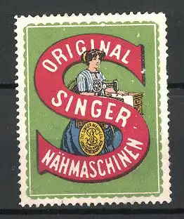 Reklamemarke Original Singer Nähmaschinen, Schneiderin näht mit einer Nähmaschine, Buchstabe S
