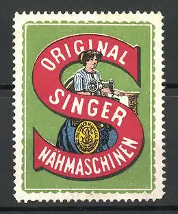 Reklamemarke Original Singer Nähmaschinen, Schneiderin näht mit einer Nähmaschine, Buchstabe S