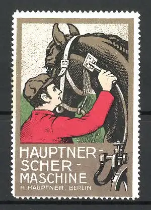 Reklamemarke Hauptner Scher-Maschine, H. Hauptner, Berlin, Jockey schert sein Pferd