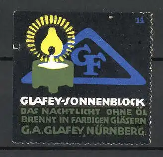 Reklamemarke Glafey-Sonnenblock ist das Nachtlicht ohne Öl, G. A. Glafey, Nürnberg, Firmenlogo und Kerze