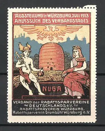 Reklamemarke Würzburg, Ausstellung NUGA 1913, Rabattsparverein Deutschlands e.V., Hermes & Bäuerin vor Bienenstock