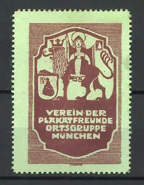 Reklamemarke Verein der Plakatfreunde, Ortsgruppe München, Wappen und Münchner Kindl