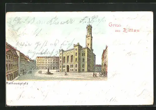 Lithographie Zittau, Blick auf den Rathausplatz