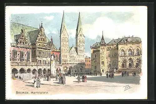 Künstler-AK Bremen, Marktplatz im Sonnenschein