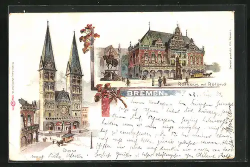 Lithographie Bremen, Rathaus mit Roland und Dom