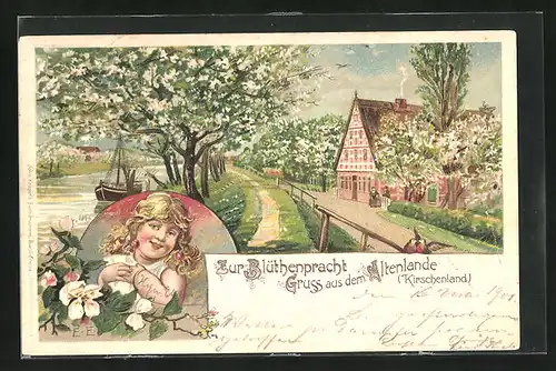 Lithographie Altenlande / Kirschenlande, Gasthaus Zur Blütenpracht