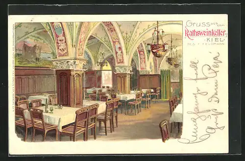 Lithographie Kiel, Gasthaus Rathsweinkeller, Inh. F. Feldmann