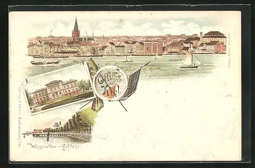 Lithographie Kiel, Wasserallee und Schloss, Ortsansicht