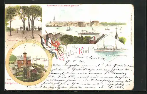 Lithographie Kiel, Der Seegarten, S. M. Yacht Hohenzollern